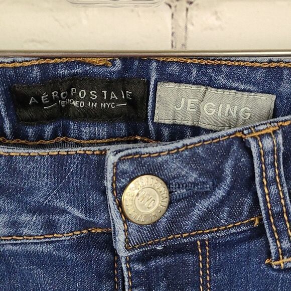 Aeropostale Jegging Mid-Rise Skinny Distressed Denim Blue Jeans Ankle Cropped 4 - Picture 4 of 8